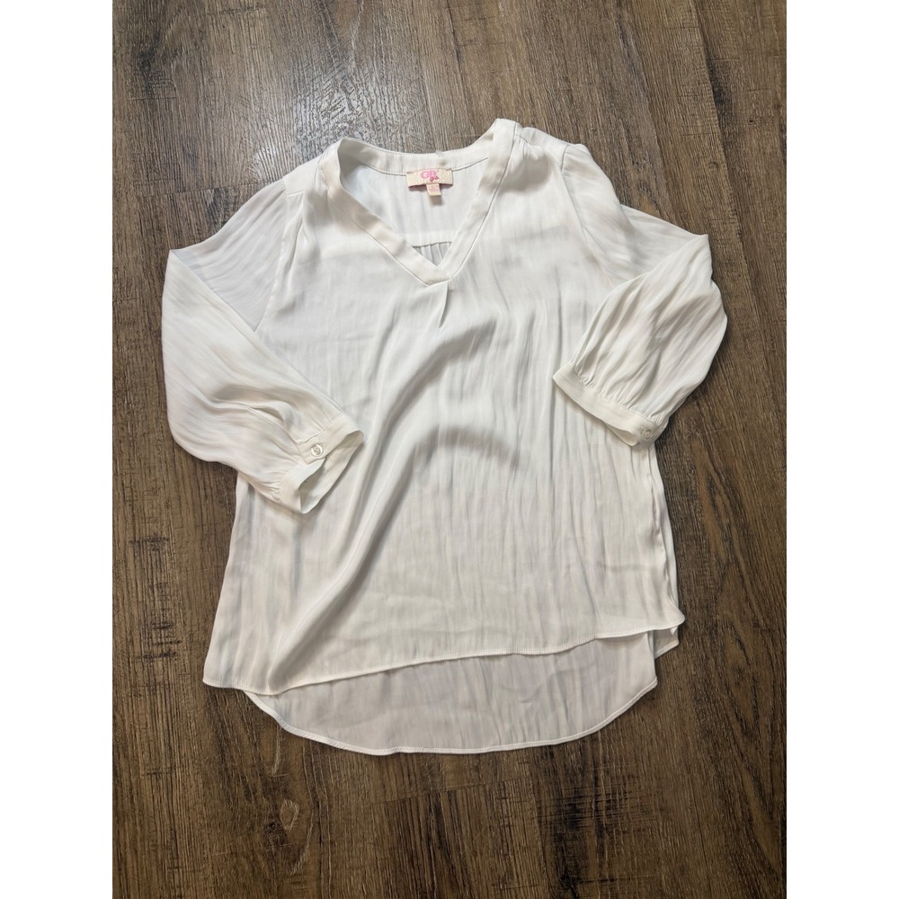 GB Girls White V-Neck Pleated Blouse Long Sleeve High-Low Hem Size L GG2950HCU